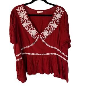 Knox Rose Red Embroidered Peplum Top Boho Cropped Peasant Stretch Plus Size 3X